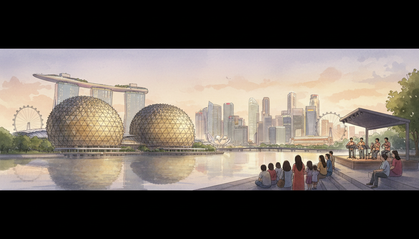 Original editorial illustration of Esplanade – Theatres on the Bay in Singapore, showing its twin durian-shaped sunshade roofs and waterfront performing arts atmosphere; not an actual concert photograph.