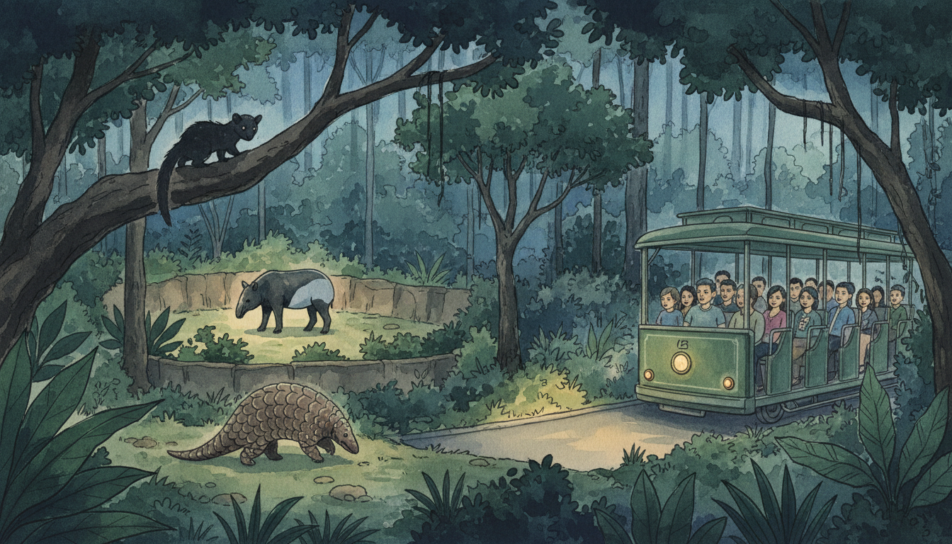 Original editorial composite illustration of a Night Safari-style tropical wildlife habitat at dusk with a Malayan tapir, a distant civet and a safari tram; not a real photograph of a specific exhibit.