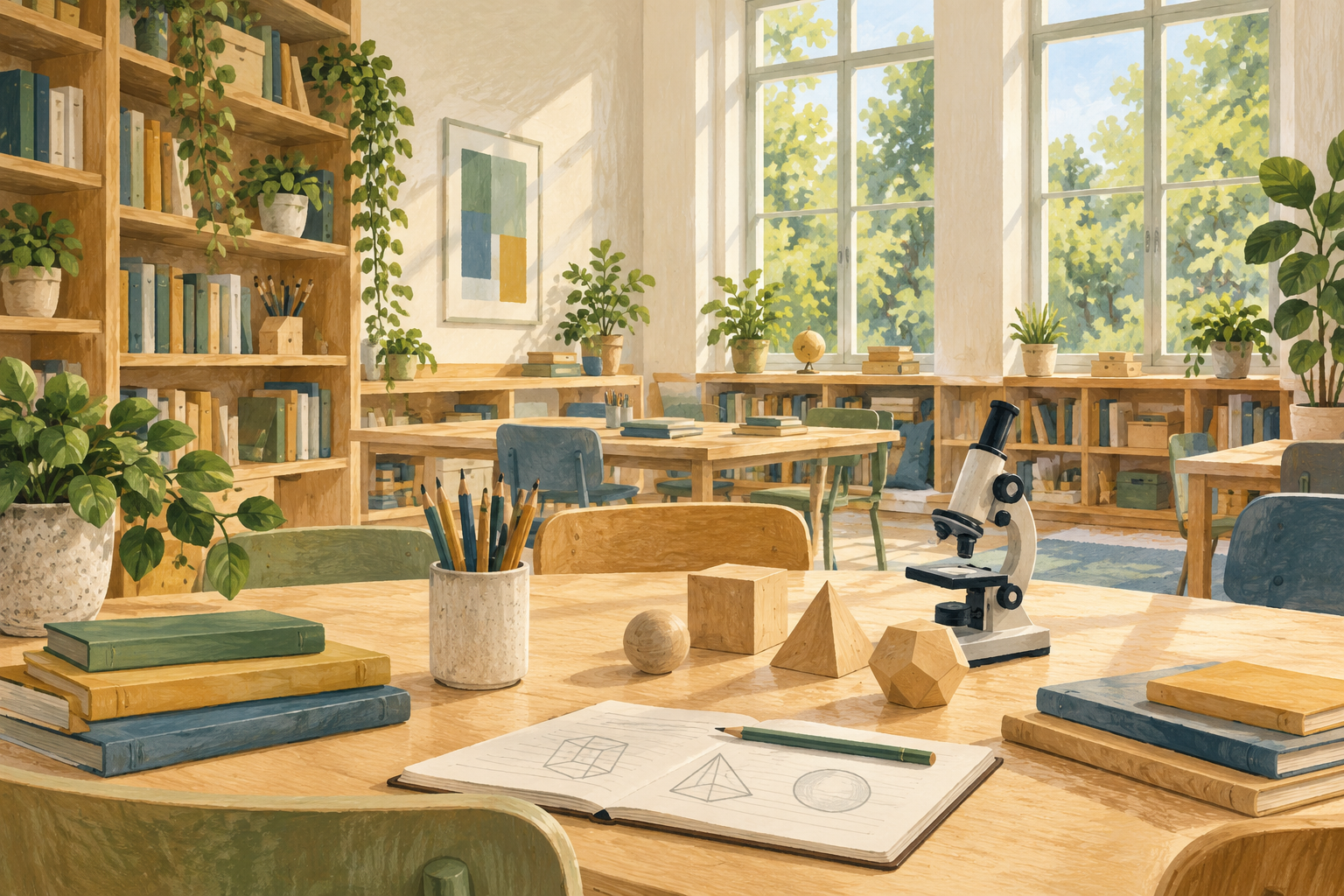 AI-generated illustration of an imagined learning room with books, geometric solids and a microscope; not an actual Slovak school.