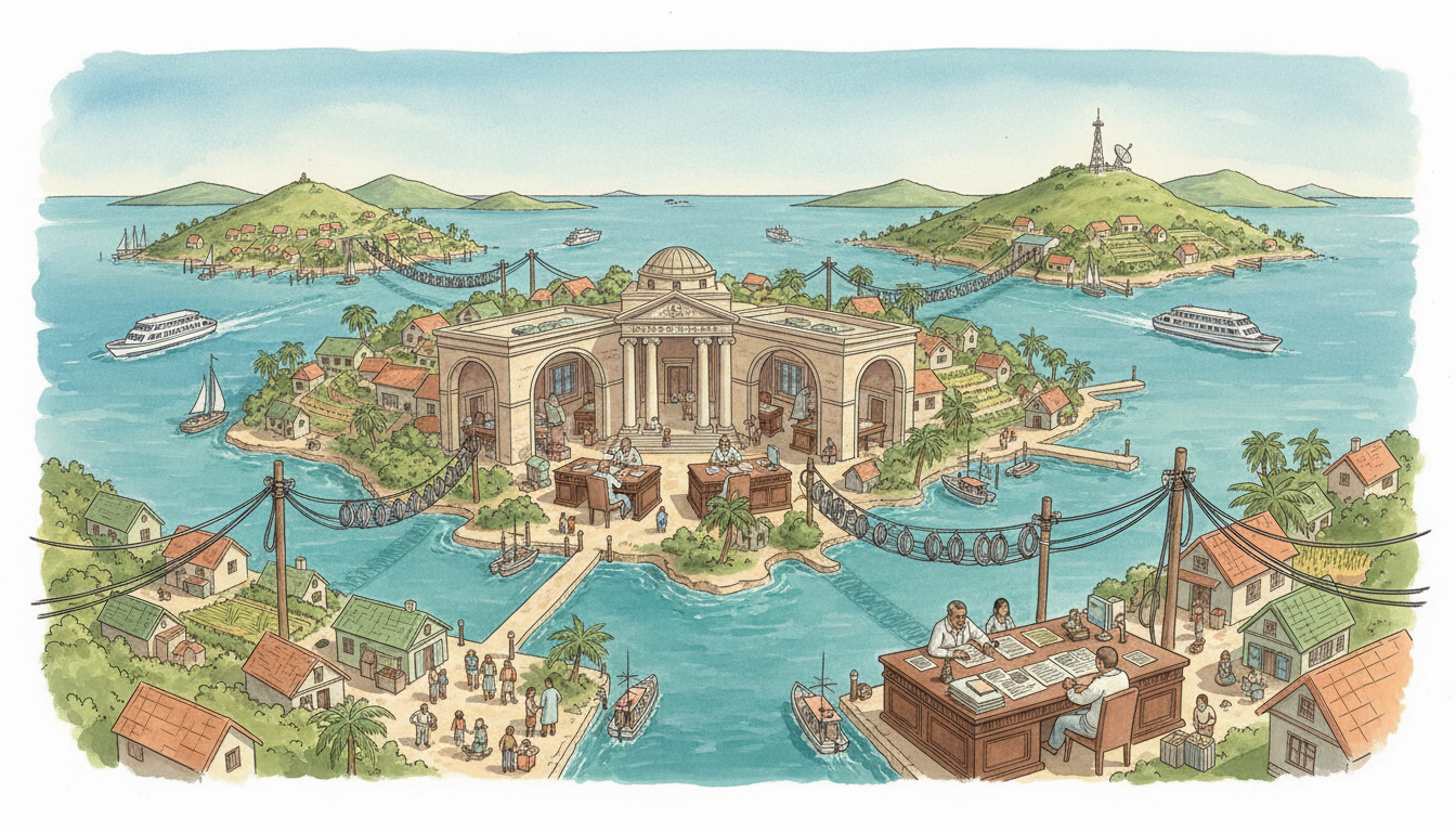 Original conceptual panorama of neighbouring island communities sharing a regional courthouse, telecommunications expertise and civic service desks; not an actual institution.