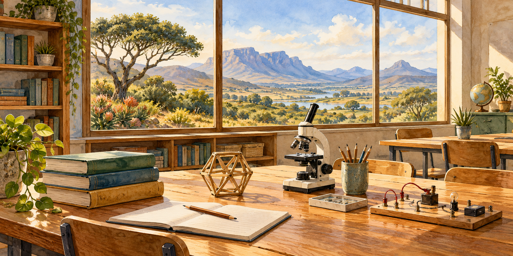 Original fictional watercolour of books, a microscope, geometric model and electrical training board in an imagined South African learning room.