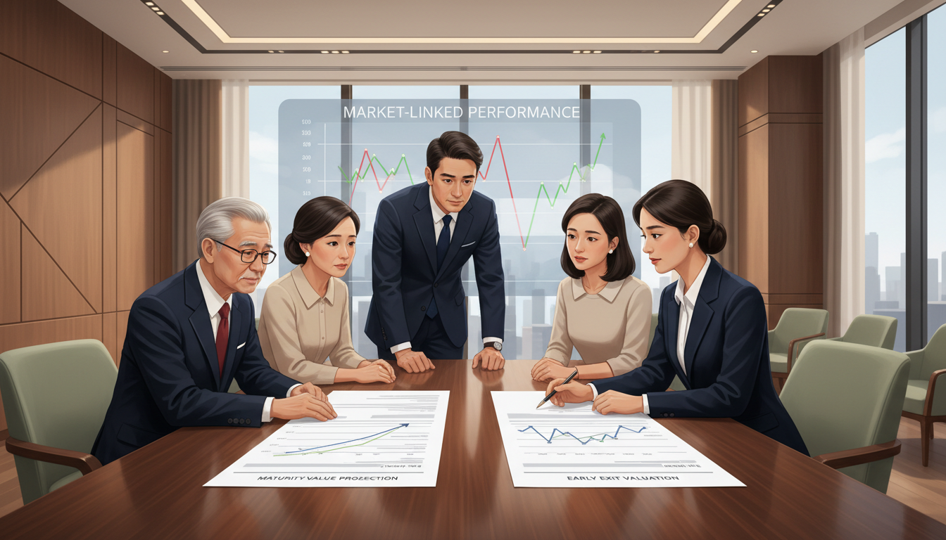 Original editorial illustration of a family reviewing a structured deposit early-exit valuation against a market chart with a bank adviser.