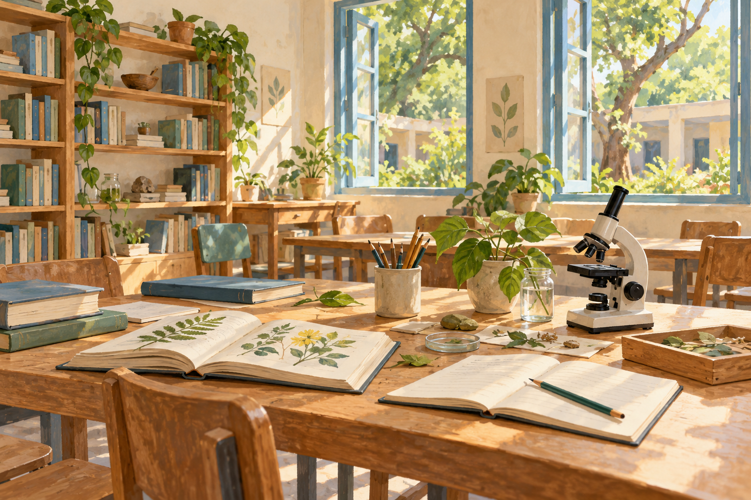 AI-generated illustration of an imagined reading and science room with books, plant specimens and a microscope; not an actual Tanzanian school.