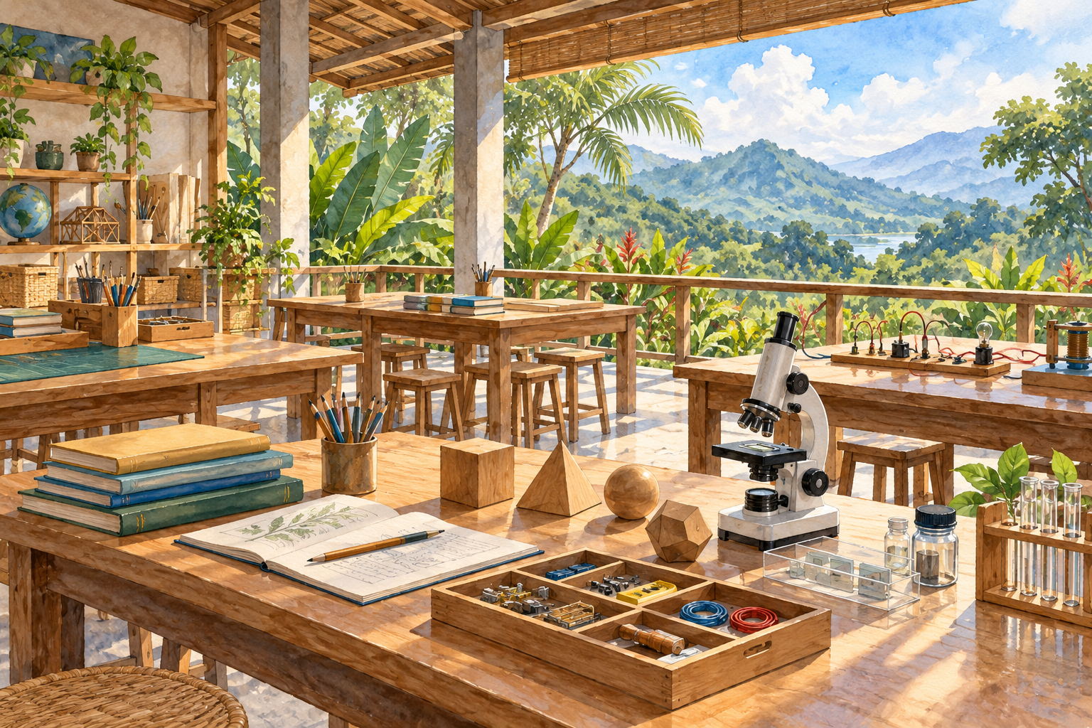 Original watercolor illustration of an imagined learning workshop with books, a microscope and practical materials beside a tropical veranda.
