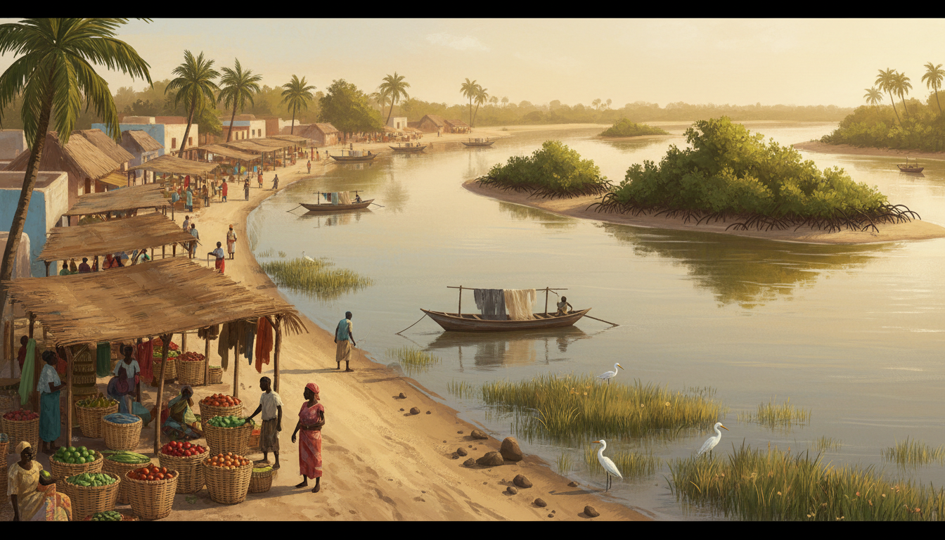 Original nonliteral illustration inspired by the Gambia River, riverside towns, fishing boats and coastal bird habitat; not a photograph of an identified site.