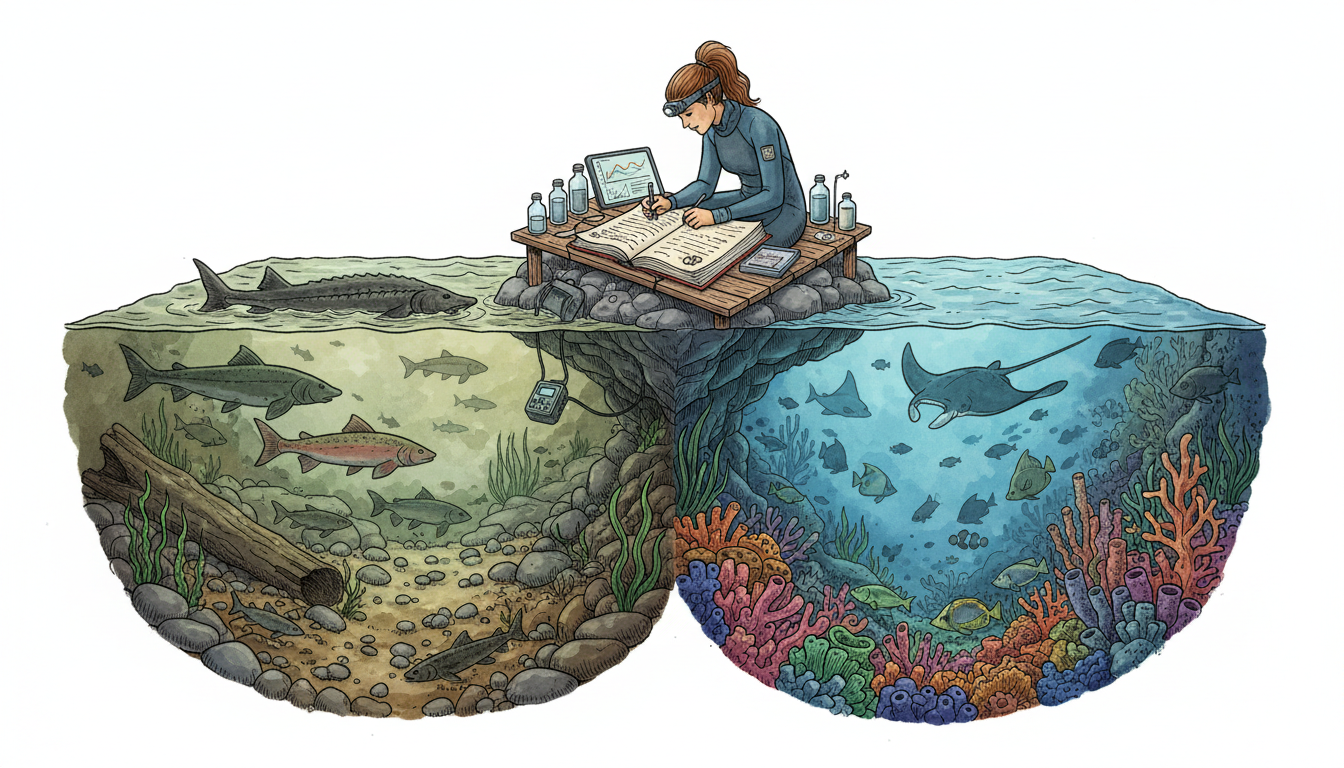 Original conceptual illustration of freshwater and reef fishes with a researcher recording fish observations; illustrative, not a real expedition.