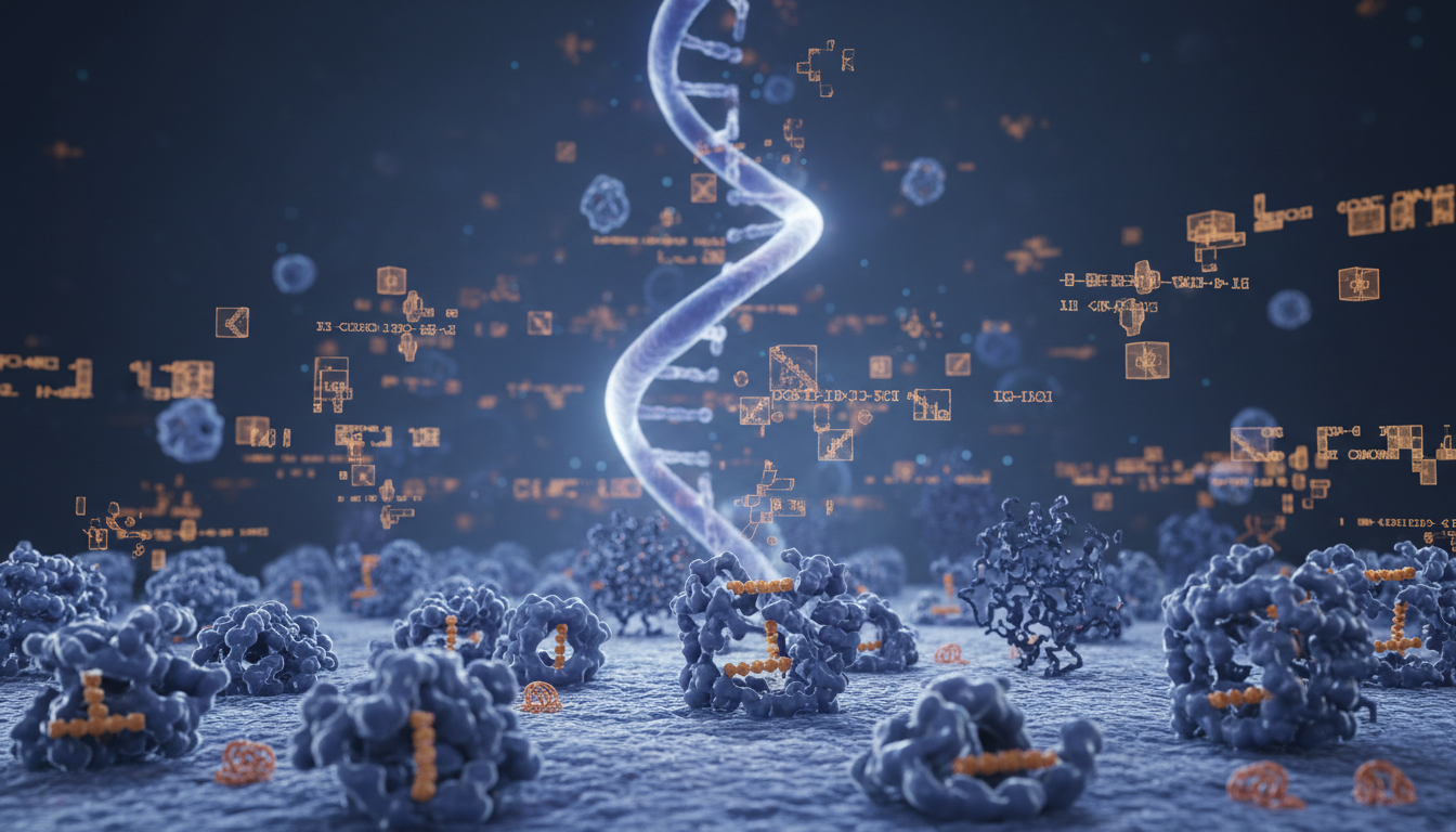 Scientific illustration of a cell surface displaying varied HLA molecules alongside a stylised DNA helix.
