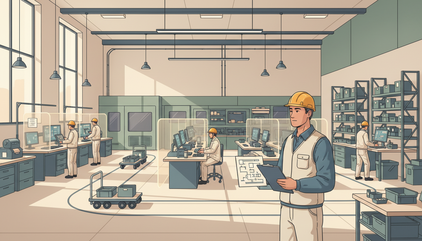 Original editorial illustration of engineers and production staff studying safe workstation layouts, inventory flow and process improvements in a conceptual workshop.