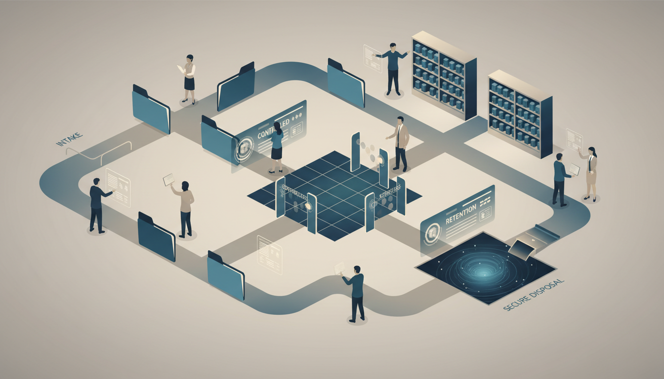 Concept illustration of a records and data governance workspace with controlled pathways between document intake, stewardship and retention.