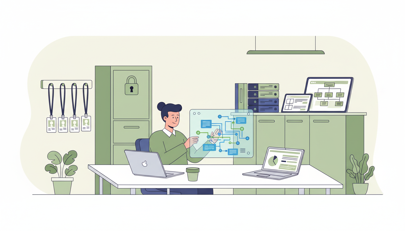Original illustration of a security analyst reviewing information access, system resilience and data safeguards in an office.