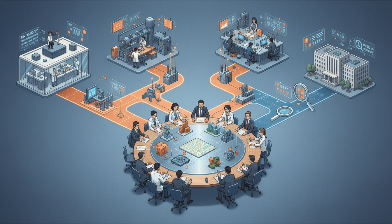 Illustrated network connecting public research, universities and industry around an innovation-policy review table.