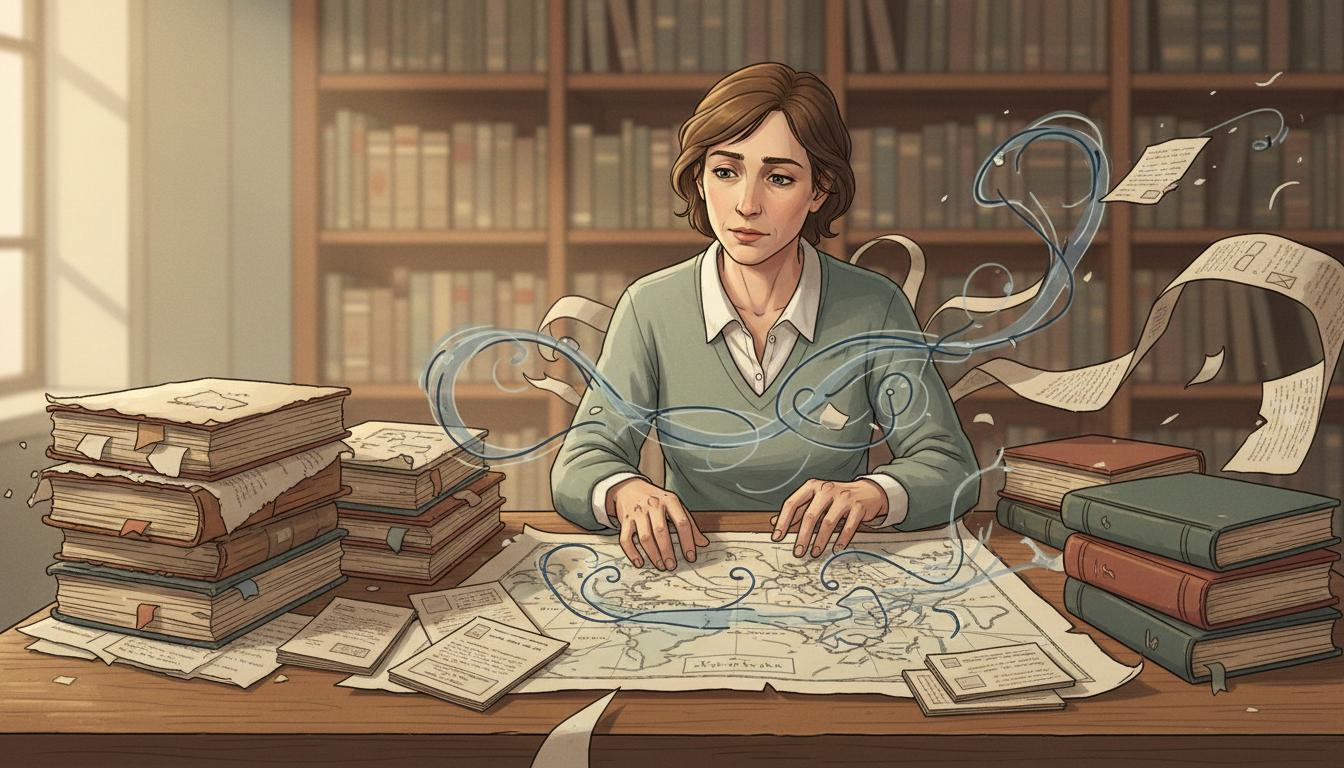 Original editorial illustration of a historian comparing archival manuscripts, books and maps to study the movement of ideas through time.