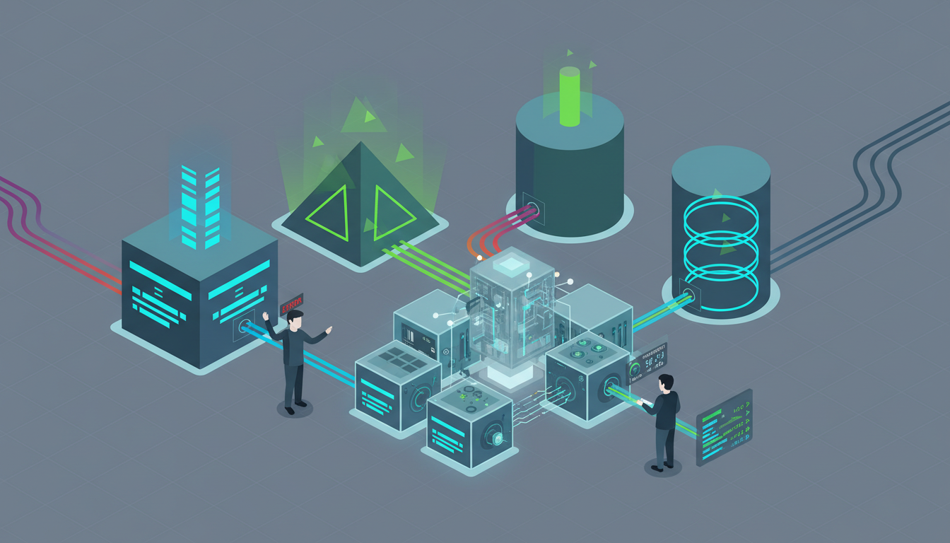 Conceptual illustration of independent computer systems connected through a shared interface with testing pathways.