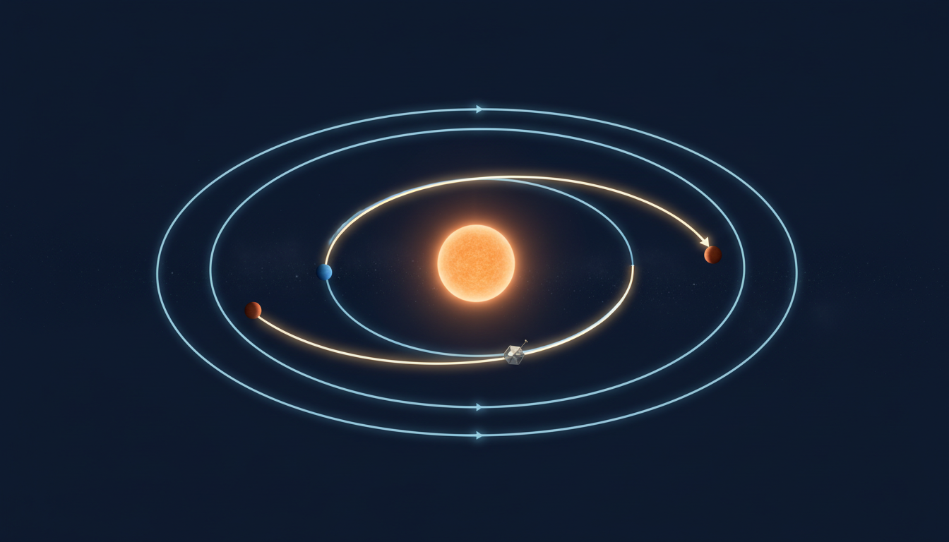 Conceptual view of an uncrewed spacecraft following an interplanetary transfer arc between Earth's orbit and Mars's orbit.