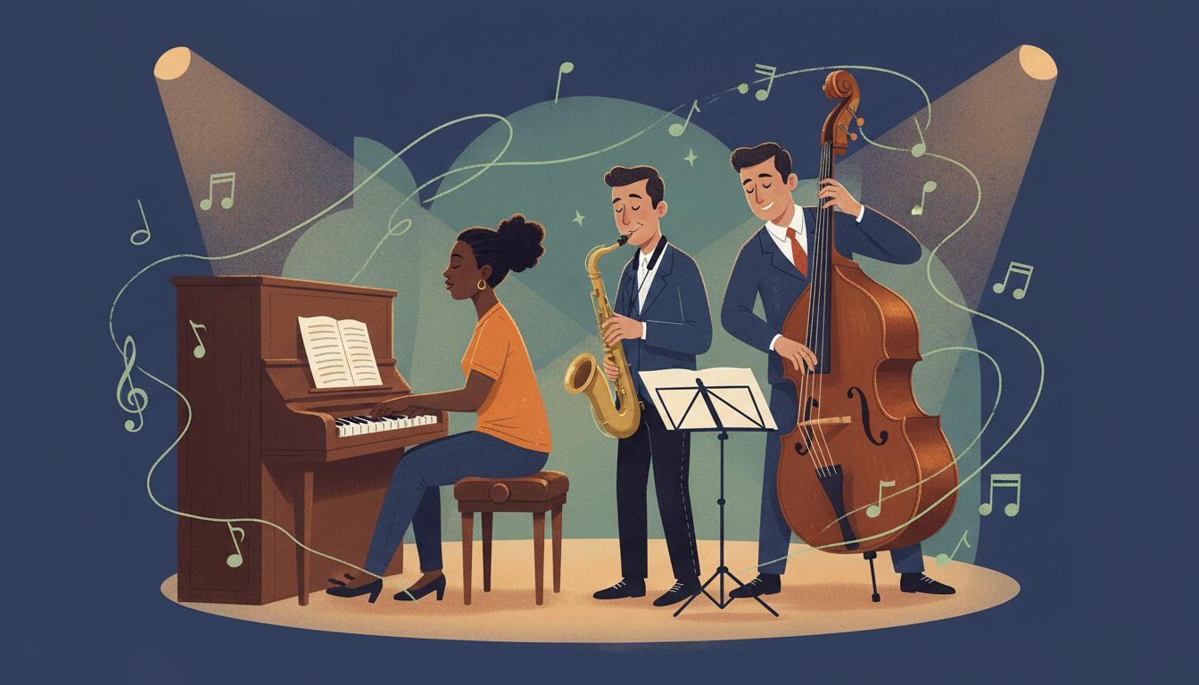 Original editorial illustration of an acoustic jazz ensemble playing piano, saxophone and upright bass together, not a depiction of identifiable musicians.