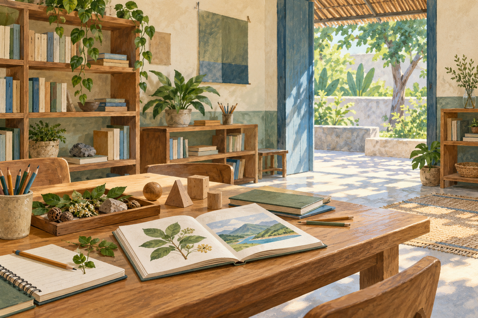 AI-generated illustration of an imagined learning room with books, teaching blocks and plant specimens; not an actual Timorese school.