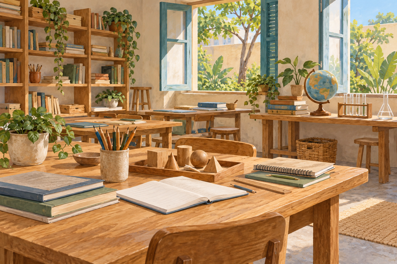 AI-generated illustration of an imagined learning studio with books, teaching solids and science materials; not an actual Togolese school.