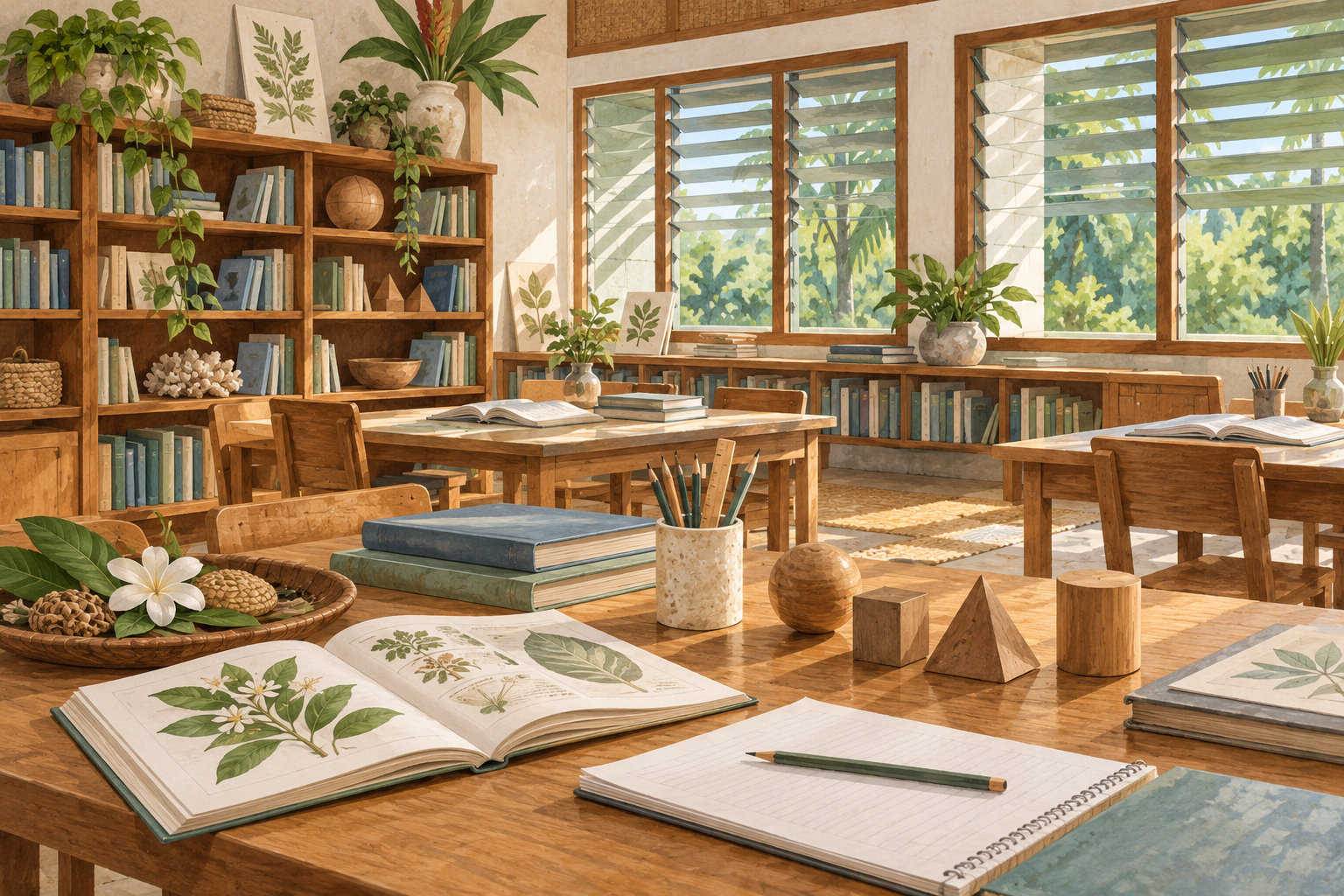 AI-generated illustration of an imagined reading room with books, geometric teaching solids and botanical materials; not an actual Tongan school.