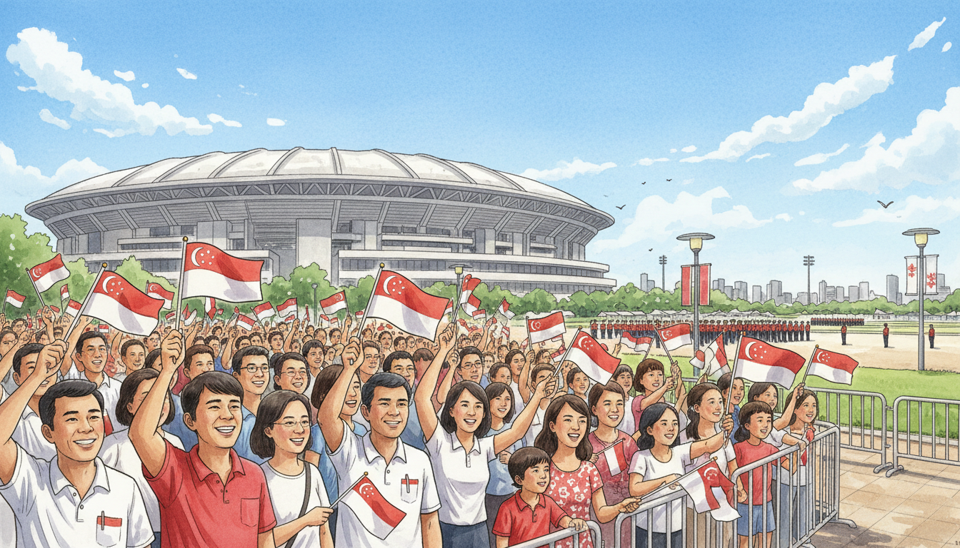 Original editorial illustration of Singapore National Day celebrations, with a diverse crowd waving red-and-white flags near a domed stadium; not a documentary photograph.