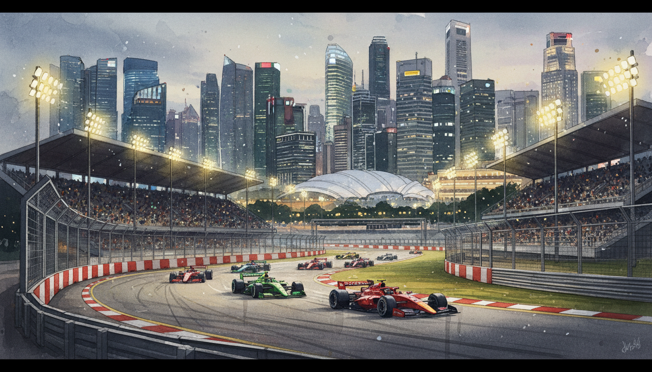 Original editorial illustration of a floodlit Formula One-style night race through Marina Bay in Singapore, with protective barriers and a city skyline.