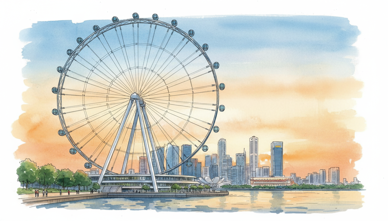 Original editorial illustration of Singapore Flyer, a large observation wheel overlooking Marina Bay at sunset with its capsules and supports; illustrative, not a site photograph.