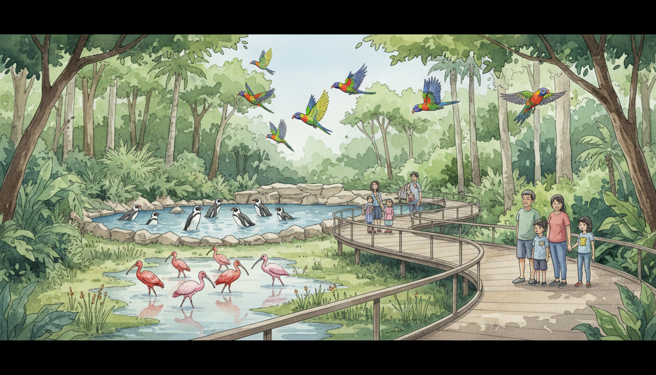 Original editorial composite illustration inspired by Singapore Bird Paradise, with ibis, spoonbills, lorikeets and a separately depicted penguin habitat; not a photograph of a single actual aviary.