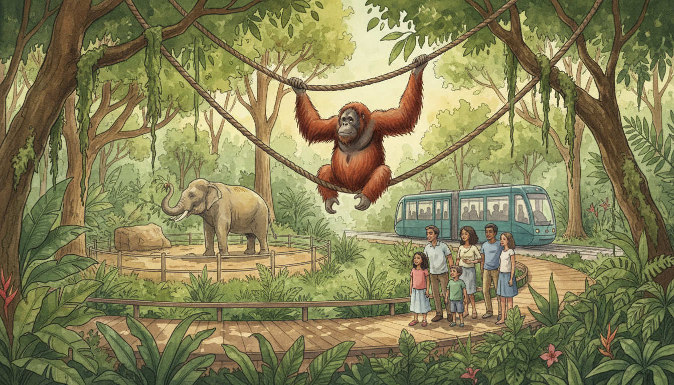 Original editorial composite illustration inspired by Singapore Zoo: an orangutan, a distant Asian elephant in a separate habitat and visitors on a safe rainforest path.
