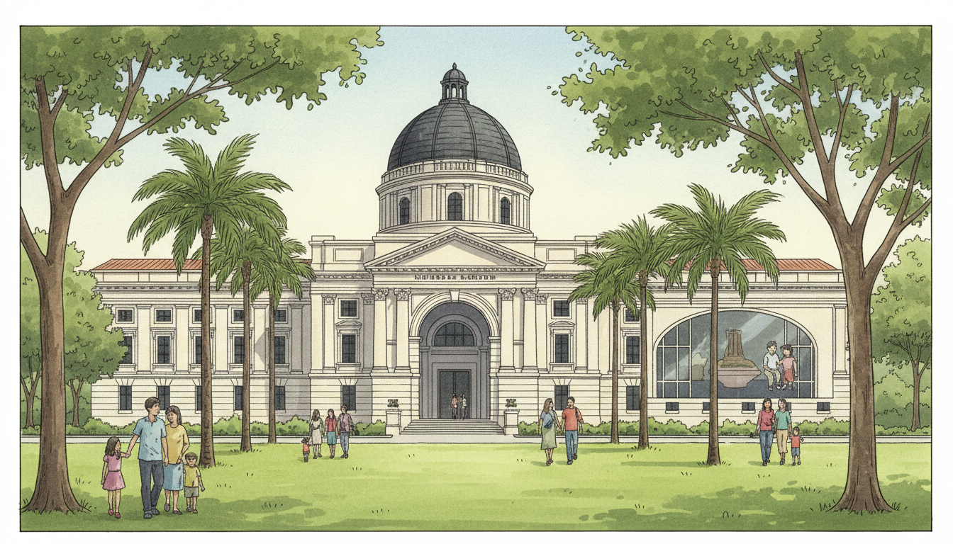 Original editorial illustration of National Museum of Singapore's historic Stamford Road building with its central dome, pale neoclassical facade and visitors; not a photograph.