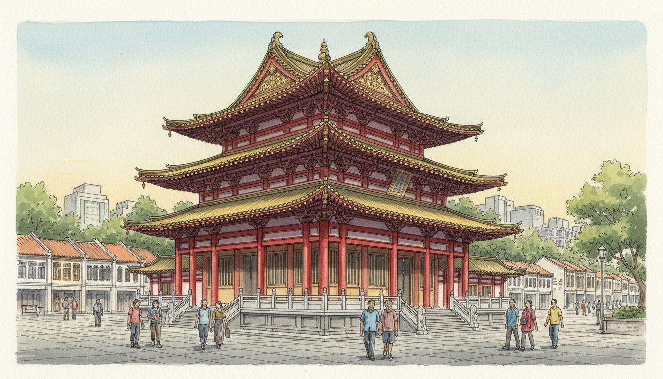 Original editorial illustration of the red-and-gold Tang-inspired exterior of Buddha Tooth Relic Temple in Chinatown, Singapore, with respectful visitors; not a documentary photograph.