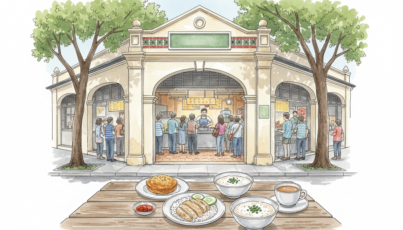 Original editorial illustration of Maxwell Food Centre's historic hawker market setting and separate chicken rice, oyster cake and porridge dishes in Singapore; not a photograph or a claim about current stall stock.
