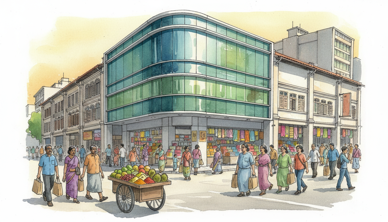 Original editorial illustration inspired by the multistorey Mustafa Centre department store in Little India, Singapore, with people shopping and surrounding shophouses; not a photograph.