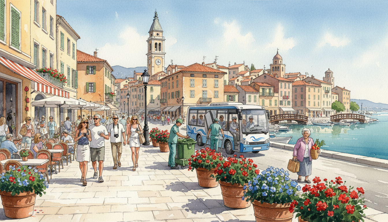Original conceptual editorial illustration of a historic waterfront tourist town with visitors, municipal cleaning workers, a local bus and residents, showing seasonal service demand.