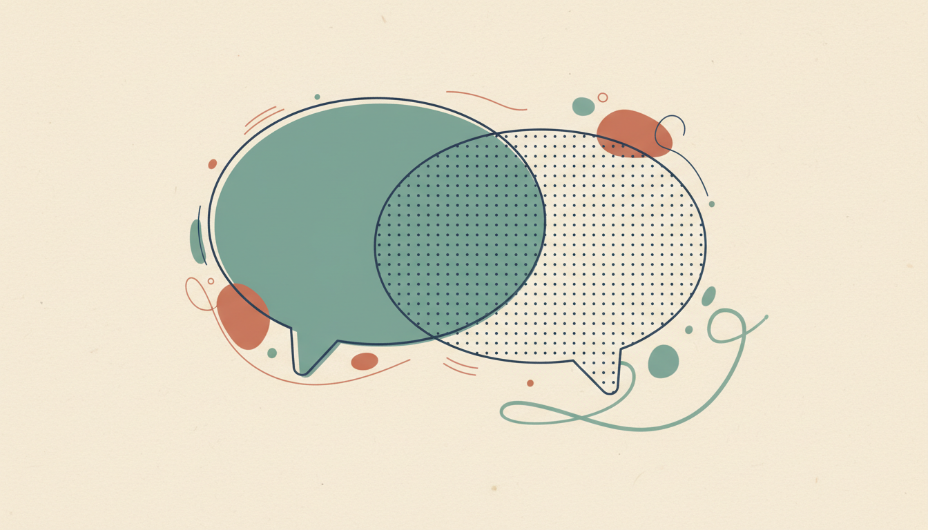 Original illustration of two conversational speech bubbles connected by a subtle confirmation question symbol, representing question tags and expected agreement.