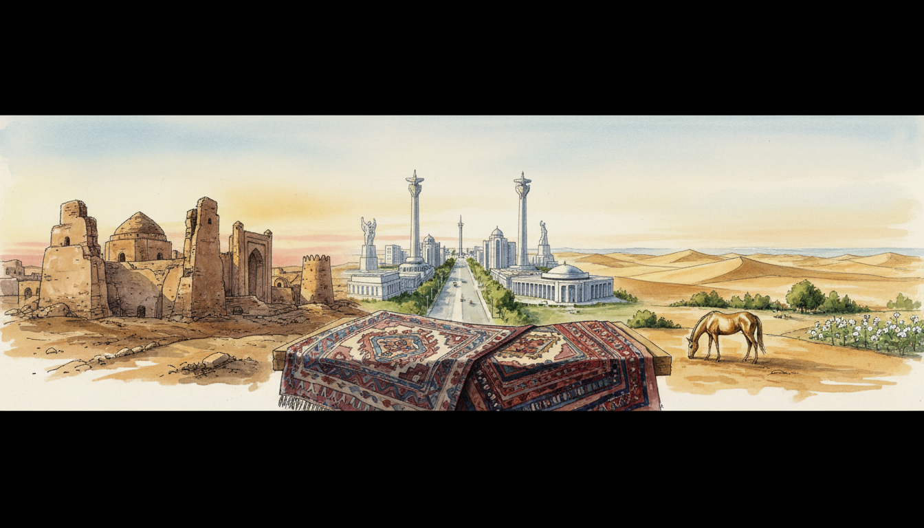 Original watercolor illustration combining the archaeological ruins of Merv, Ashgabat's white buildings, the Karakum Desert, an oasis and an Akhal-Teke horse in Turkmenistan; symbolic composite, not a photograph.