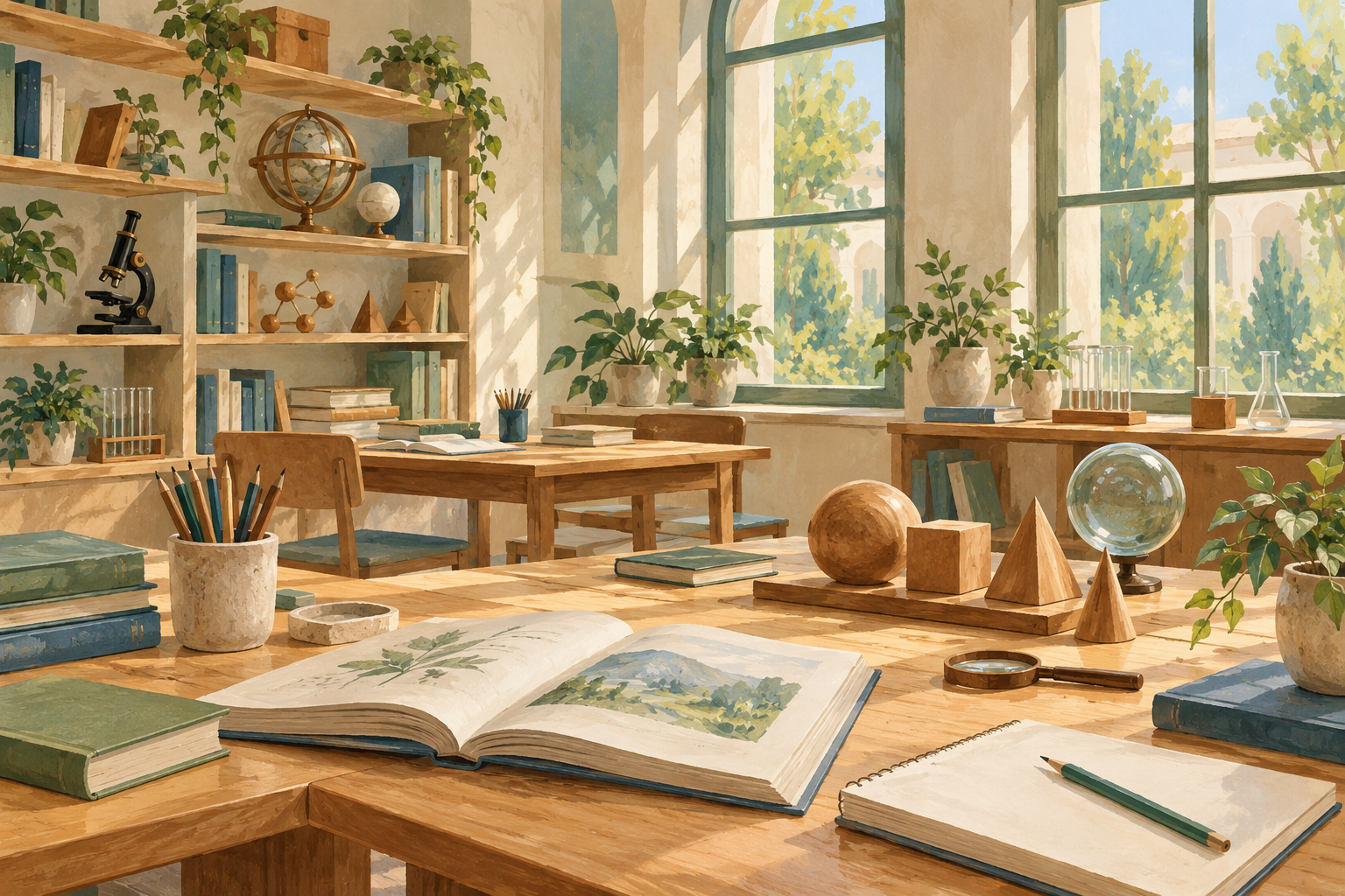 AI-generated illustration of an imagined learning room with books, teaching solids and science materials; not an actual Turkmen school.