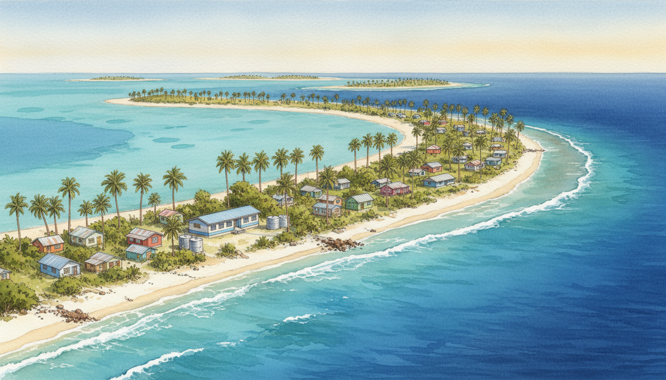 Original educational watercolor showing low-lying Tuvalu atoll land between turquoise Pacific ocean and sheltered lagoon, with village homes, coconut palms and rainwater tanks; a symbolic illustration, not a photograph.