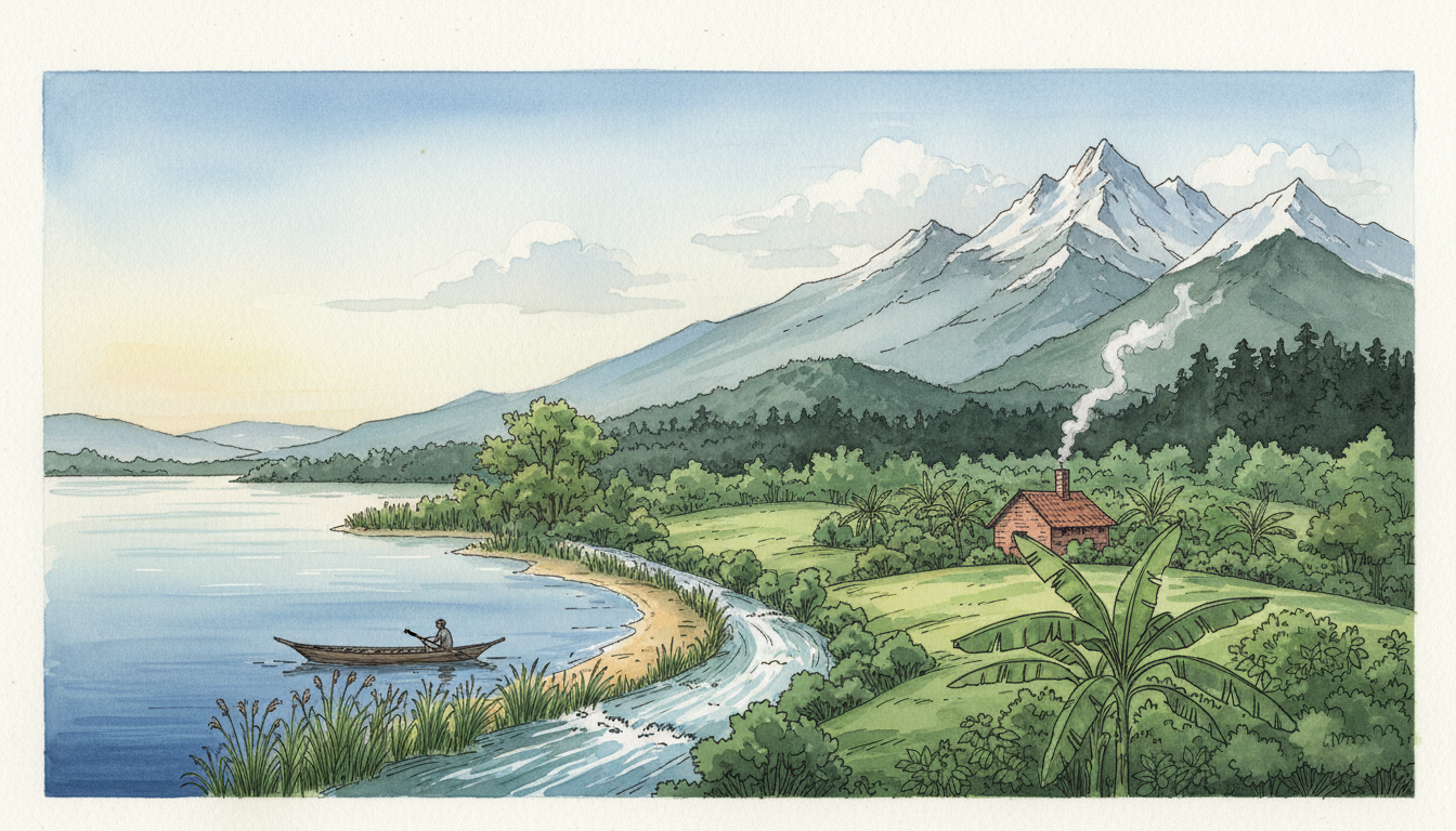 Original watercolor composite showing Uganda's Lake Victoria shoreline, the Nile river landscape, green farmland and distant Rwenzori Mountains; symbolic educational illustration, not a photograph.
