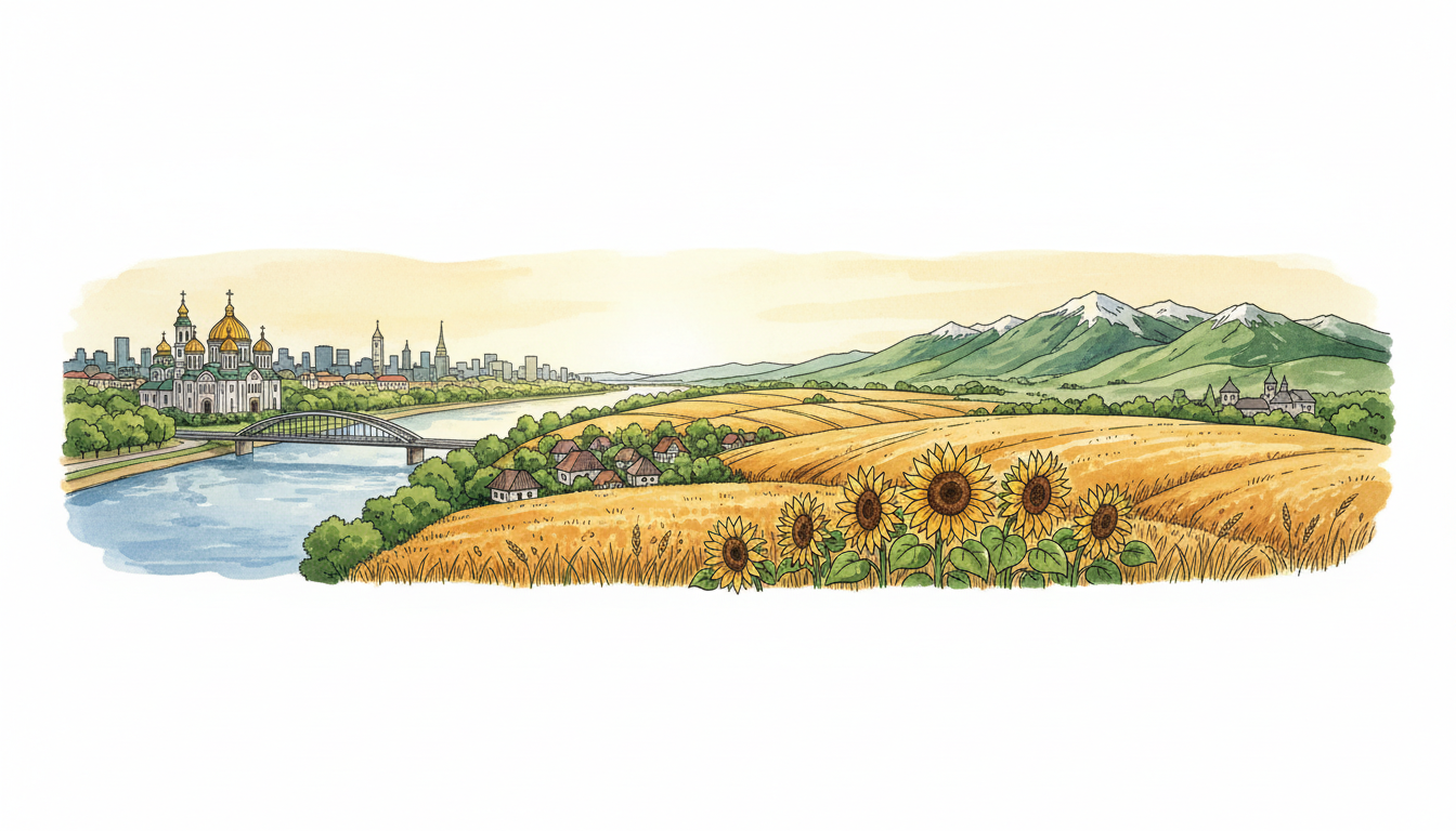 Original watercolor illustration representing Ukraine's Kyiv Saint Sophia Cathedral and Dnipro River, fertile golden fields and distant Carpathian Mountains; an artistic composite, not a documentary photograph.