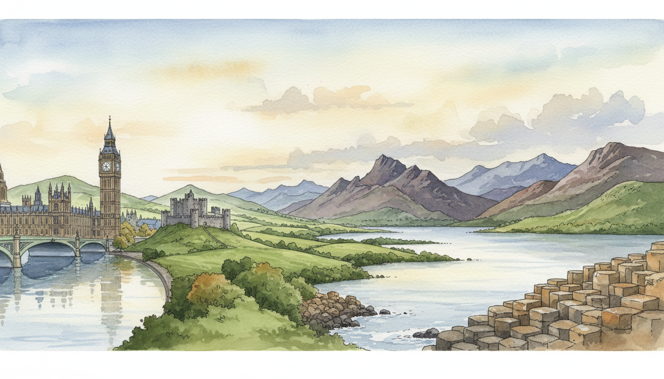 Original watercolor composite showing Westminster in England, a Welsh castle and valley, the Scottish Highlands and Northern Ireland's Giant's Causeway; symbolic illustration, not a photograph.