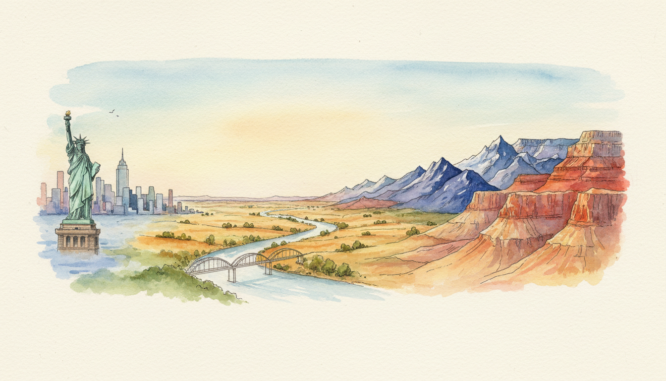 Original symbolic watercolor panorama of the United States, combining New York Harbor and the Statue of Liberty, prairie landscape, Rocky Mountains and Grand Canyon; a composite, not a photograph.
