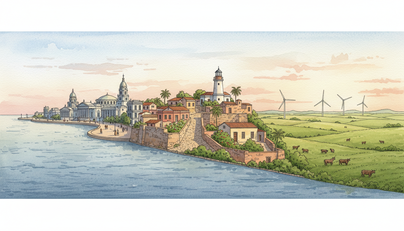 Original editorial watercolor representing Montevideo's Río de la Plata waterfront, Colonia del Sacramento's historic buildings, and Uruguayan grasslands with grazing cattle and wind turbines; a symbolic composite, not a photograph.