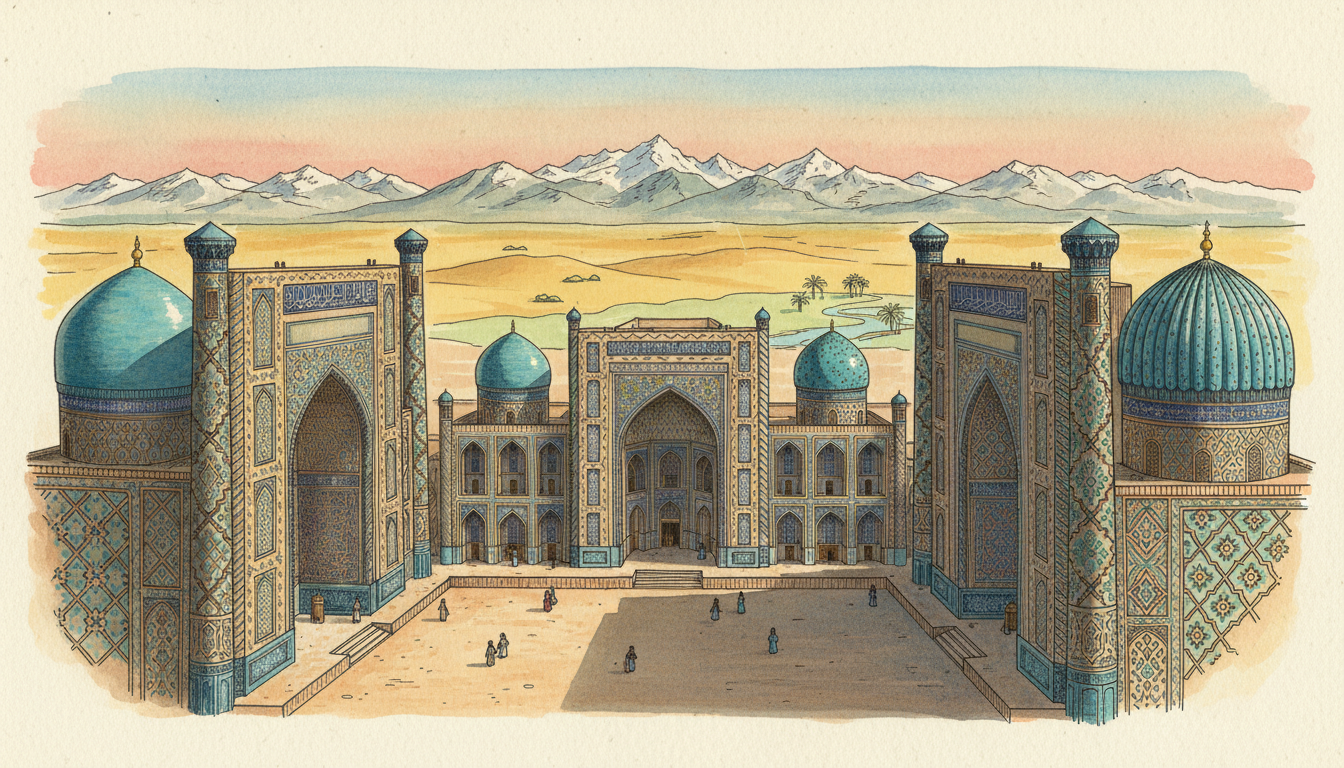 Original editorial watercolor of Registan Square in Samarkand, Uzbekistan, with turquoise-tiled madrasas and Central Asian desert and mountain atmosphere; an artistic composition, not a documentary photograph.