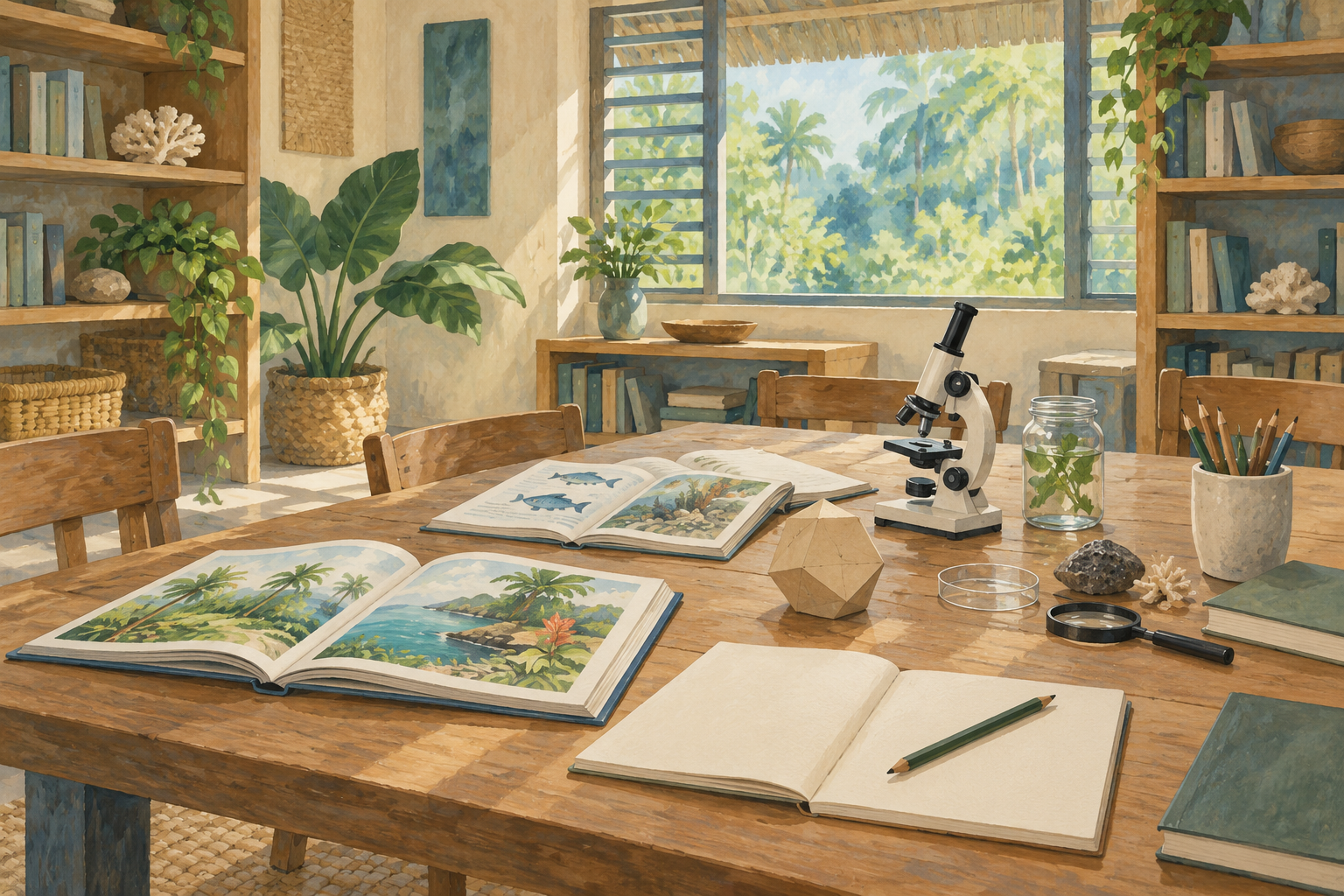 AI-generated illustration of an imagined learning room with books, a geometric model and science equipment; not an actual institution in Vanuatu.