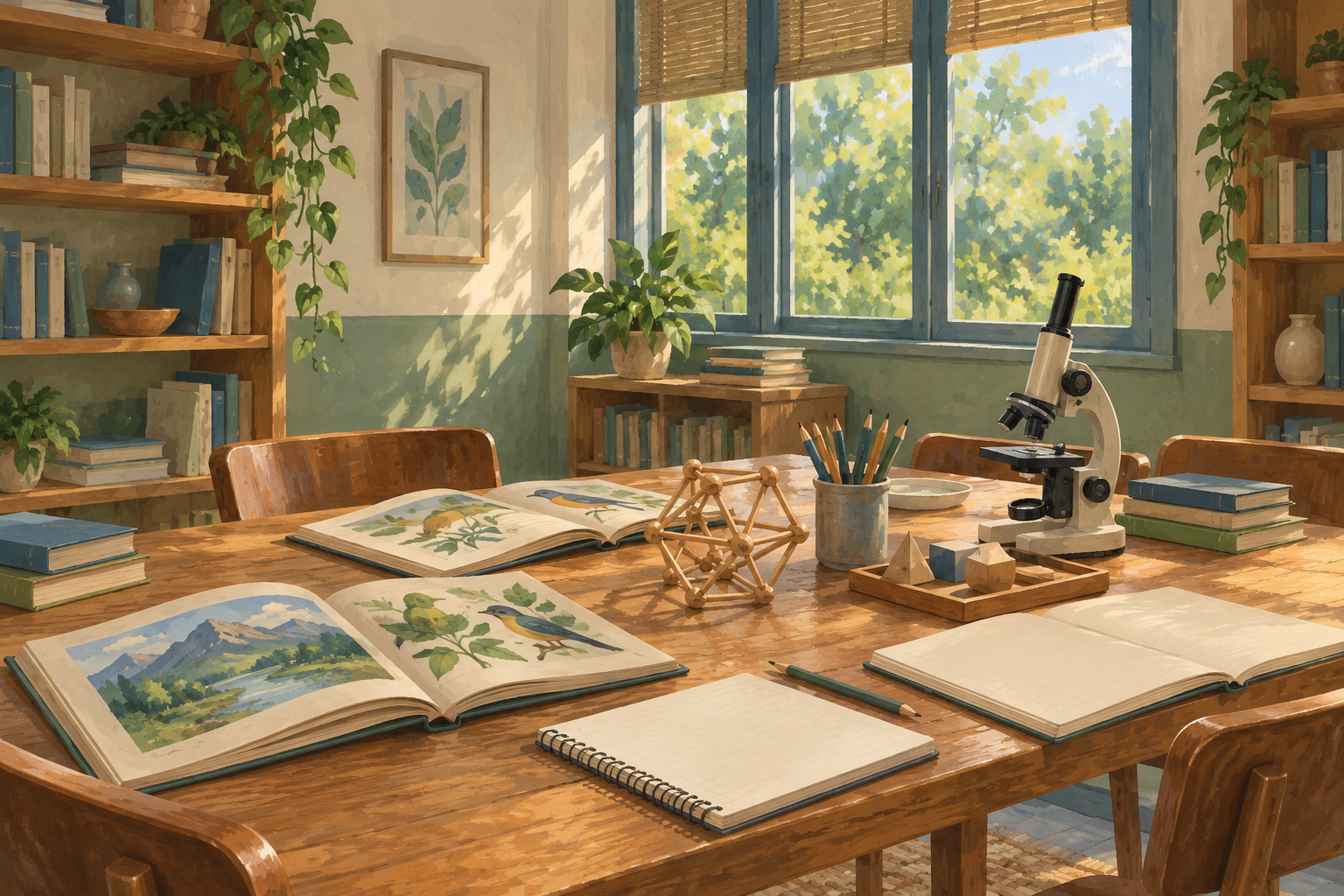 AI-generated illustration of an imagined learning room with books, geometric models and a microscope; not an actual institution in Venezuela.
