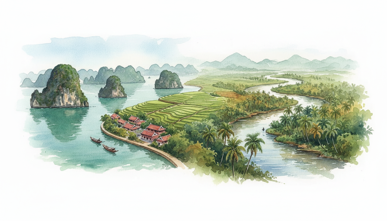 Original illustrated panorama representing Vietnamese limestone bays, terraced rice landscapes, historic riverside architecture and a southern delta; a composite, not a photograph.