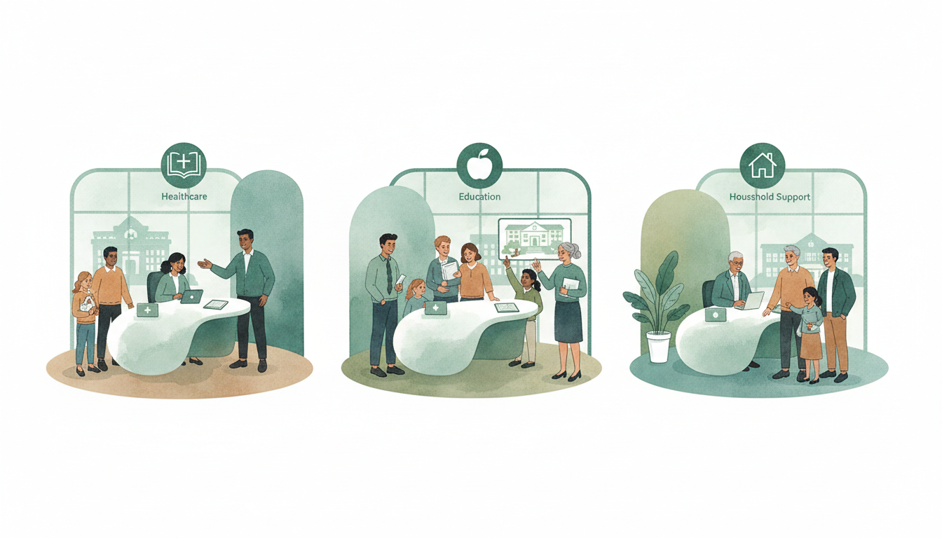 Original illustration of a diverse group of residents using a civic service hub with a school, health clinic and public information counter, representing service eligibility.