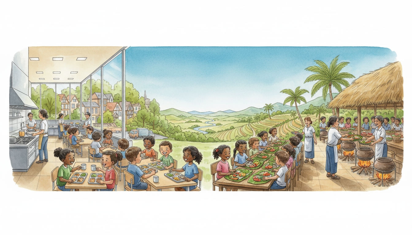 Original side-by-side conceptual illustration of two different school-meal programmes in urban and rural communities, showing how infrastructure and context affect implementation.