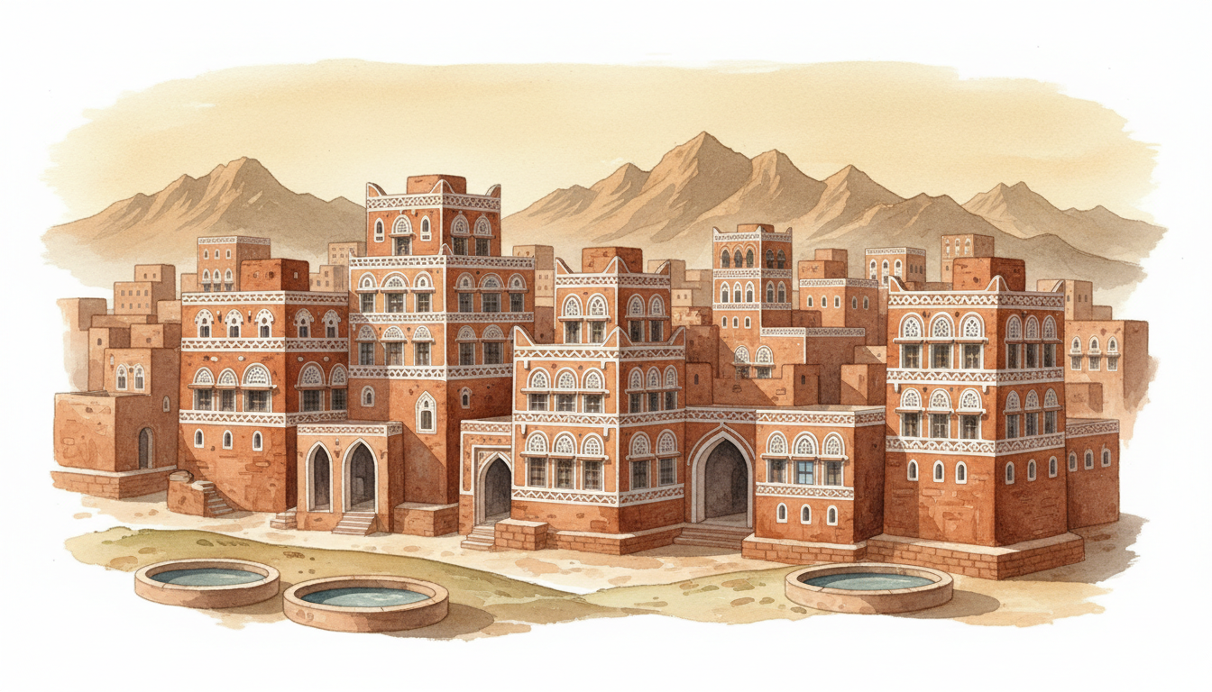 Original watercolor illustration inspired by historic Sana'a tower houses and Yemen's mountain landscapes, a symbolic composite not a photograph.