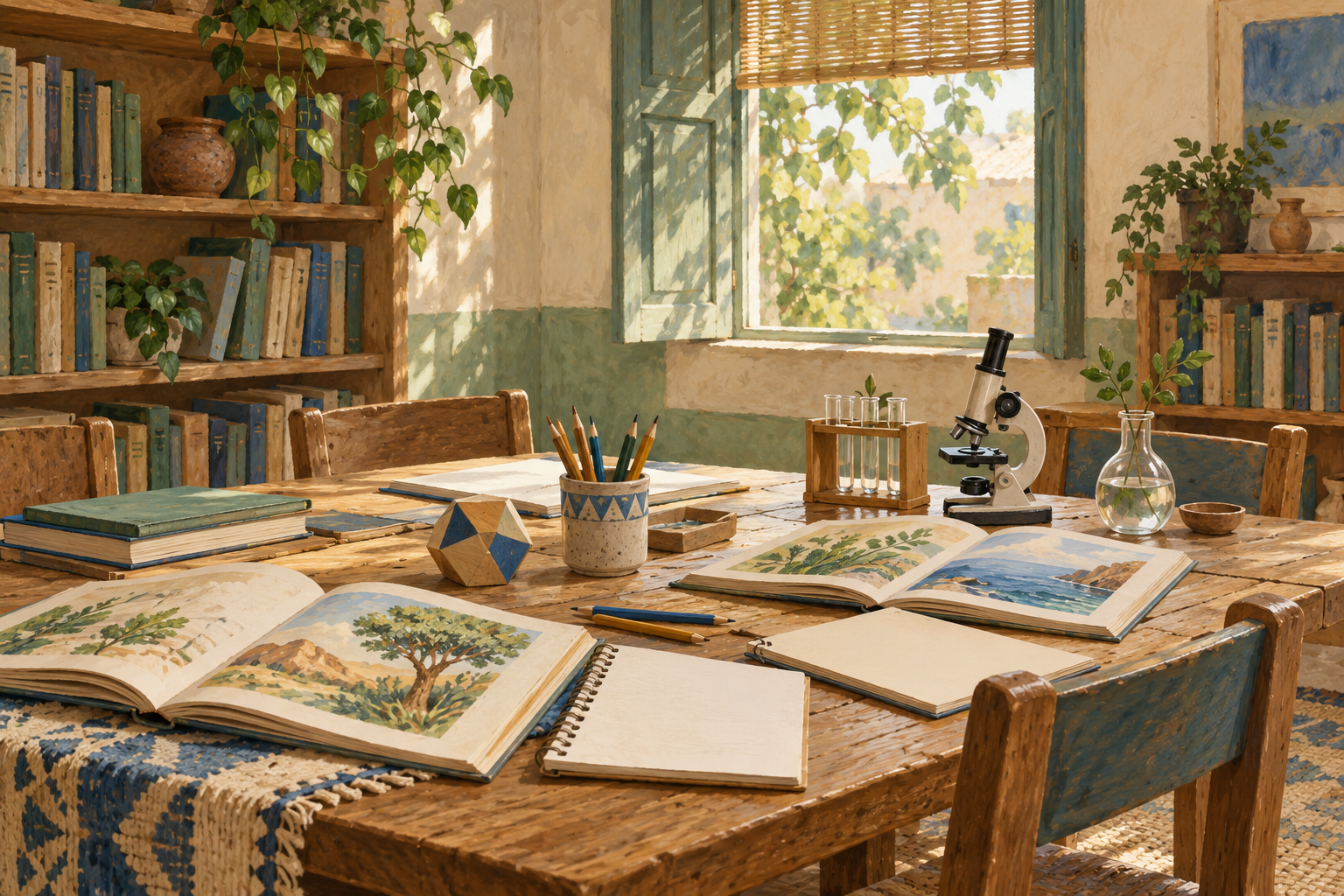 AI-generated illustration of an imagined learning room with books, a geometric model and science equipment; not an actual institution in Yemen.