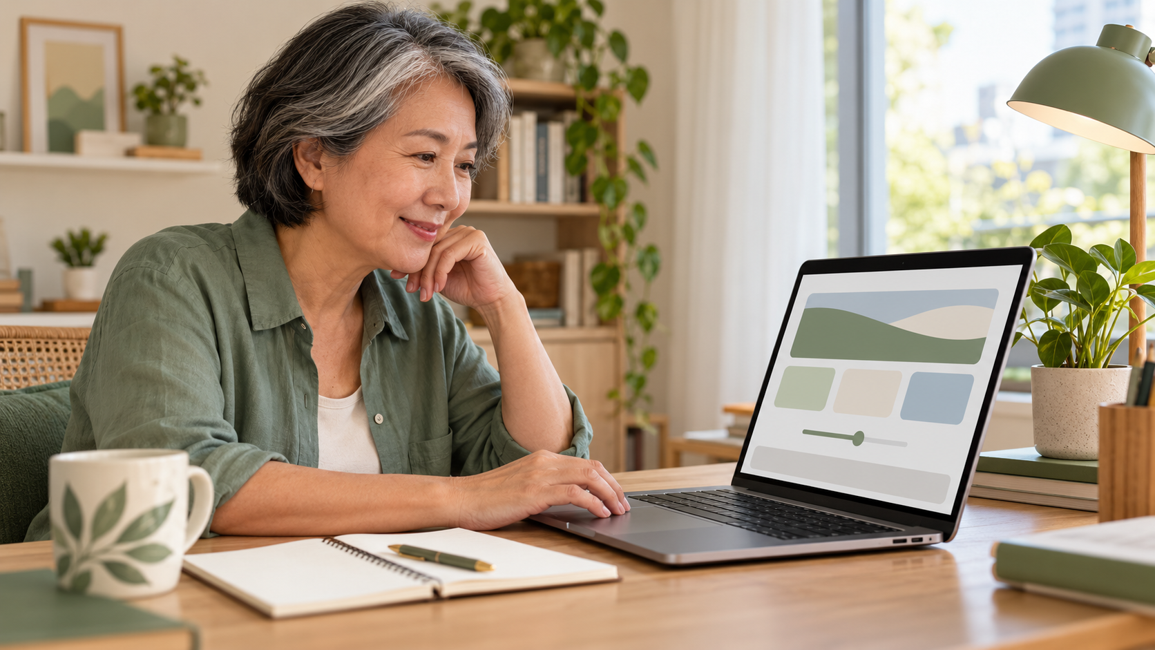 Older adult learner using a laptop with an enlarged abstract interface and an unlabeled accessibility slider at a calm home study desk